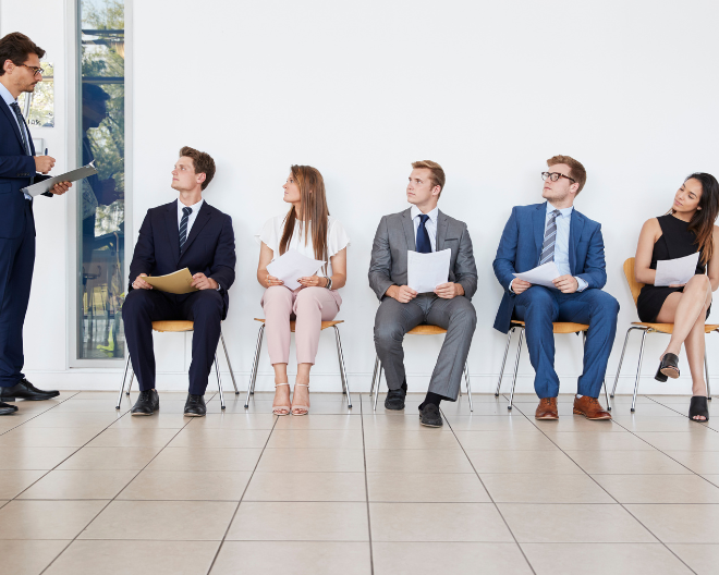 Interview candidates seated for hiring process at Humaaro recruitment center in Indore